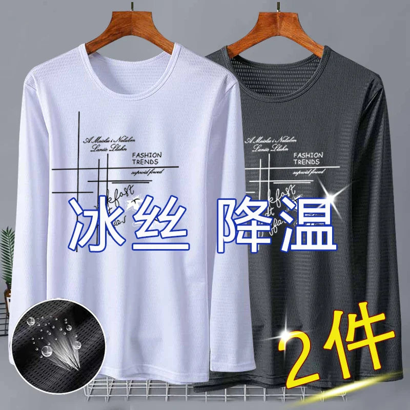 New 2025 Men's Ice Silk Breathable Sun Protection Hollow out Thin Long Sleeve Casual Sports T-Shirt Large Size Loose Fit