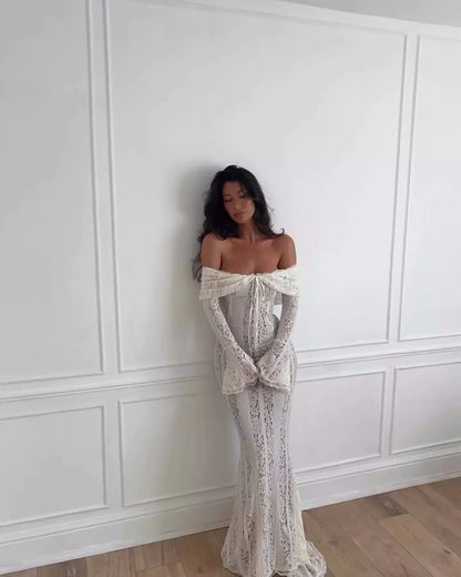 Elegant Off The Shoulder Bodycon Dress 2024 New in White Flare Sleeve Lace Maxi Dress Wedding Guest Dress for Women
