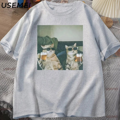 Funny Cool Cat Drinking Beer T-shirt Casual Cotton Short Sleeve T Shirt Man Clothes Harajuku Round Neck Men's Designer Tops
