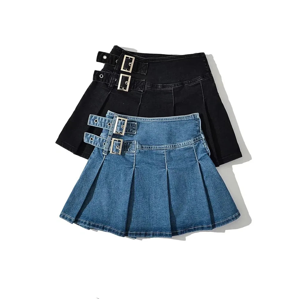 2025 Summer New TARUXY Denim Y2k Skirt with Pleats and Belt 90s E-girl Korean Skirts For Women High Street Jeans Short Bottom