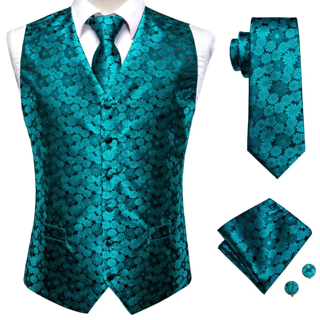 Silk Mens Vests Sleeveless Waist Jacket Jacquard Black Orange Floral Waistcoat Tie Hanky Cufflinks Set for Men Casual XXL