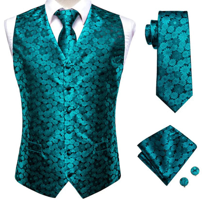 Silk Mens Vests Sleeveless Waist Jacket Jacquard Black Orange Floral Waistcoat Tie Hanky Cufflinks Set for Men Casual XXL