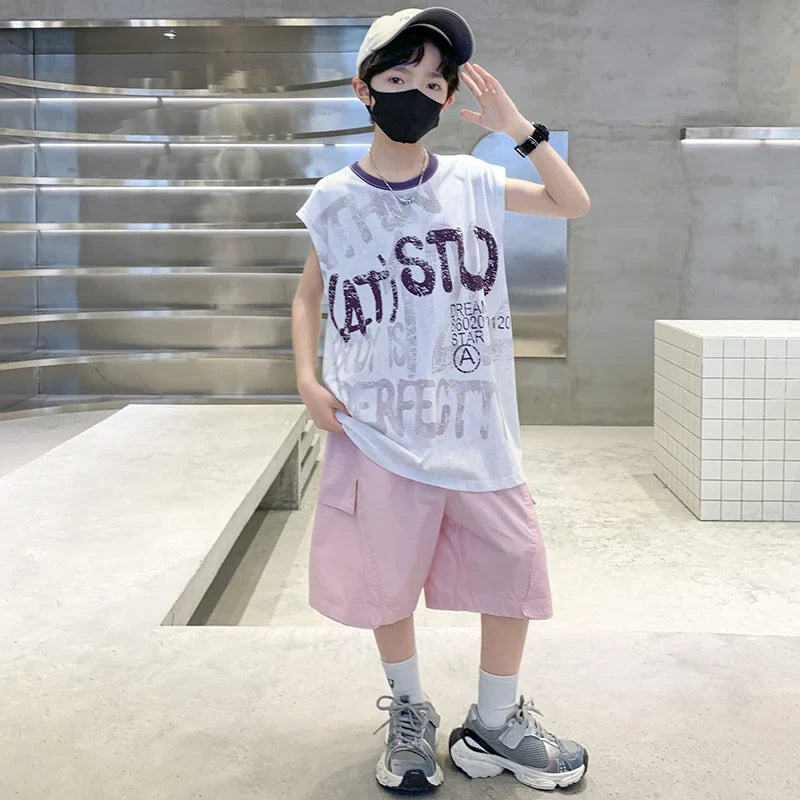 Korean Kids New Summer Suit for Teen Boy Cotton Tshirt + Cargo Shorts 2 Pieces Clothes Set Child Letter Print Outfit Tracksuit