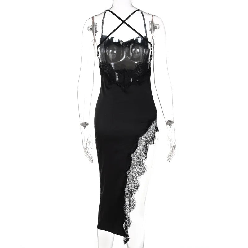 Sexy Lace Party Club Backless Bodycon Stain Black Straps Midi Dress 2022 Summer Clothes Wholesale Items For Resale
