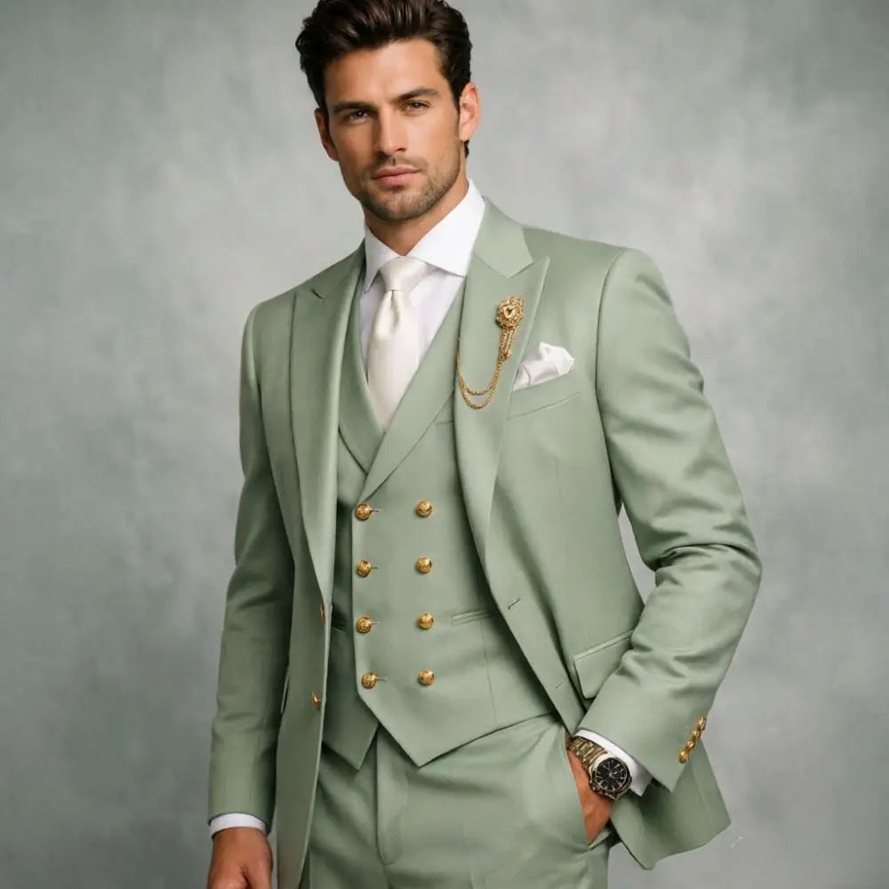 Mens White 3 Pieces Slim Fit Wedding Tuxedo Gold Buttons Peak Lapel Vest Formal Blazer Pants Groom Prom Office Evening Wear