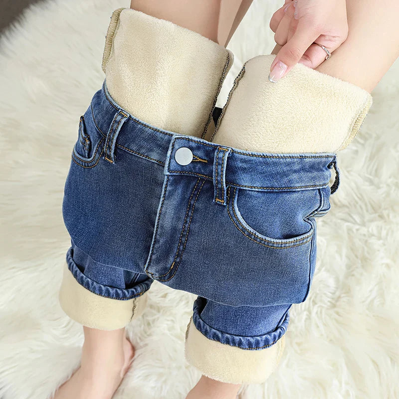 Women's Winter Fleece Warm Jeans Retro Elastic Thickened Comfortable Straight Fashion Korean Casual Female Velvet Denim Pants