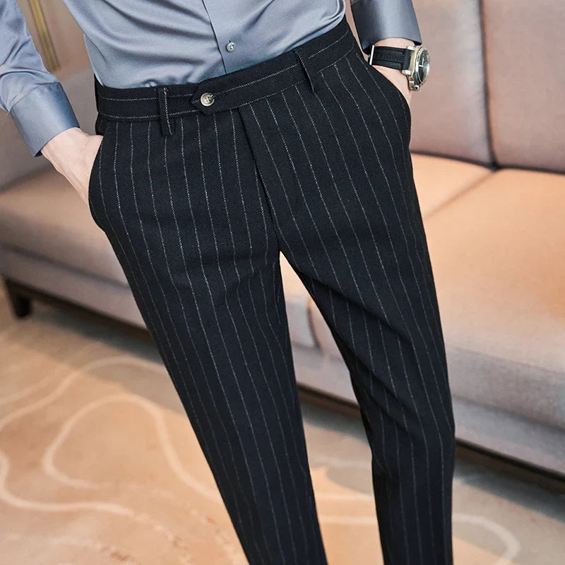 High Qualitys Wool Thickened Vertical Striped Men's Suit Pants Autumn Winter New Warm Fashion Business Casual Straight Trousers
