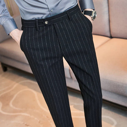 High Qualitys Wool Thickened Vertical Striped Men's Suit Pants Autumn Winter New Warm Fashion Business Casual Straight Trousers