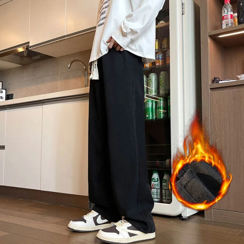 Thick Winter Straight Men's Jeans Fleece Warm Loose Plush Trousers Fashion Casual Wide-leg Plush Denim Pants Male