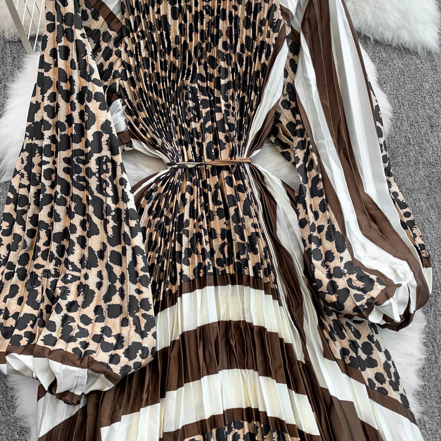 Ele Printed round Ne Lantern Sve Dr Women's Single Button Waist Cinch Maxi Skirt Long Dr Commute Sle Autumn