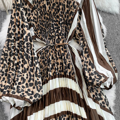 Ele Printed round Ne Lantern Sve Dr Women's Single Button Waist Cinch Maxi Skirt Long Dr Commute Sle Autumn
