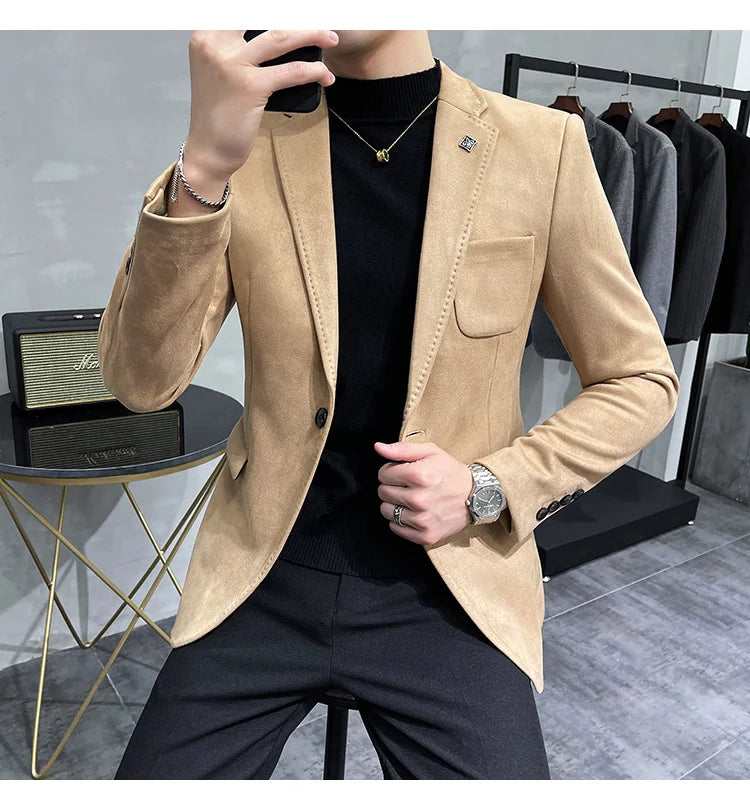 Deerskin Leather Jacket Blazer Men Casual Slim Fit Blazer Hombre Suit Leather Jacket Men Terno Masculino Men Clothing 6 Color