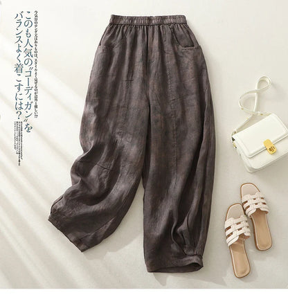 Retro Waterprint Linen Casual Nine-Piece Pants plus Size Women's Loose Elastic Waist Versatile Wide Leg Harlan Pants