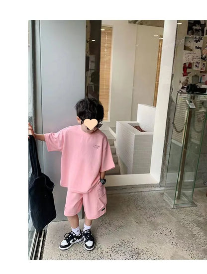 Summer Casual Boys Cotton Loose Alphabet T-shirt Tops+Short Pants Set School Kids Tracksuit Children 2-Piece Outfit Suit 2-14Yrs
