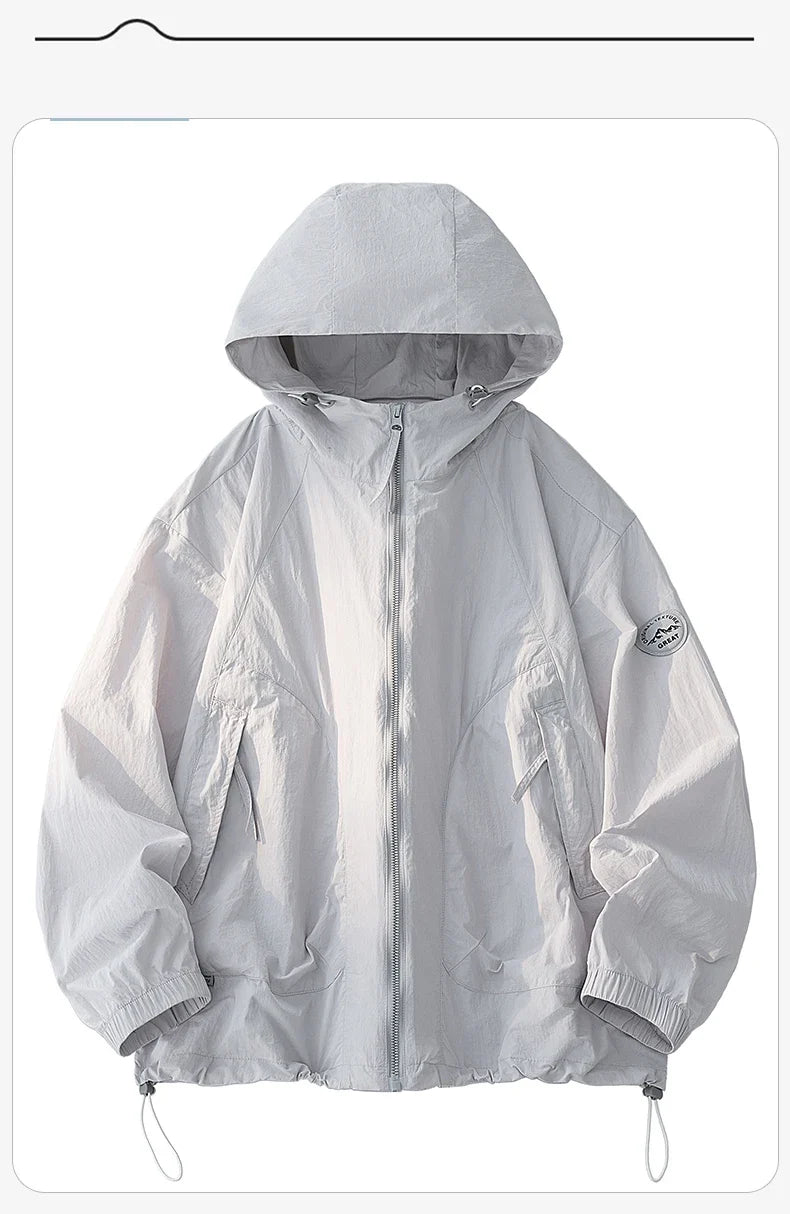 UPF50+ Men's Hooded Sunscreen Jacket Summer Ultra Thin Zipper Pocket Windbreaker Elastic Cuffs Outdoor Hiking Fishing Skin Coats