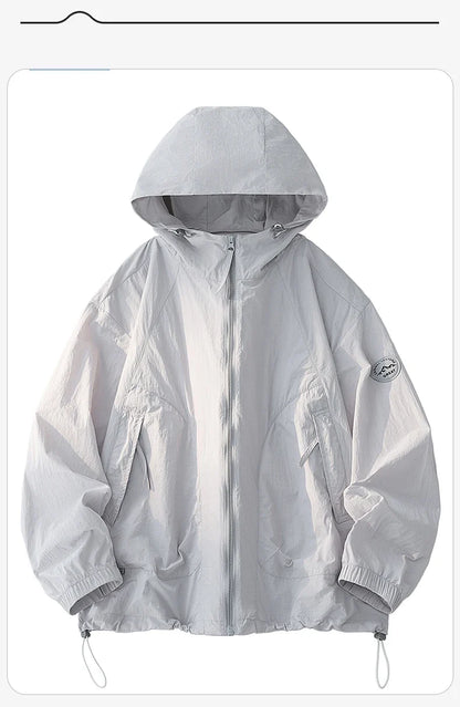 UPF50+ Men's Hooded Sunscreen Jacket Summer Ultra Thin Zipper Pocket Windbreaker Elastic Cuffs Outdoor Hiking Fishing Skin Coats