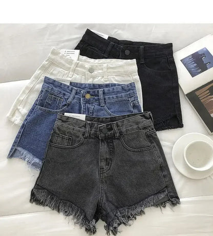 2025 New Summer Women High Wiast Raw Hem Denim Shorts Soild White Black Blue Korean Wide Leg Pants Mon Shorts  Jean Shorts