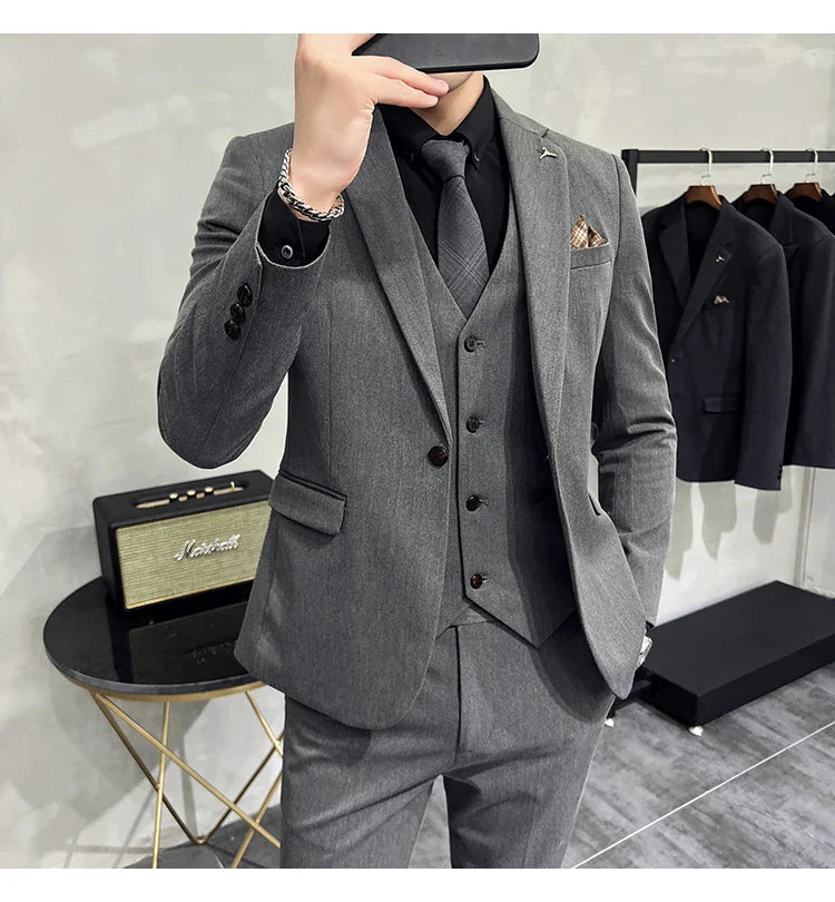 S-7XL Jacket Vest Pants Luxury Elasticity Boutique Fashion Men's Solid Color Casual Business Suit 3-piece Sets Groom Wedding
