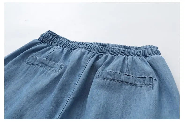 Women's Pants Summer Drawstring Wide-leg Pants Cotton Blue Calf-Length Jeans Pants Mom Elastic Waist Straight Pants Women