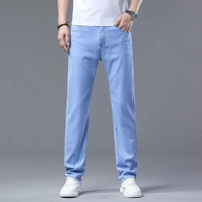 2025 Summer New Men's Sky Blue Slim Stretch Jeans Lyocell Thin Style Fashion Casual Ice Silk Denim Pants Male Brand Trousers