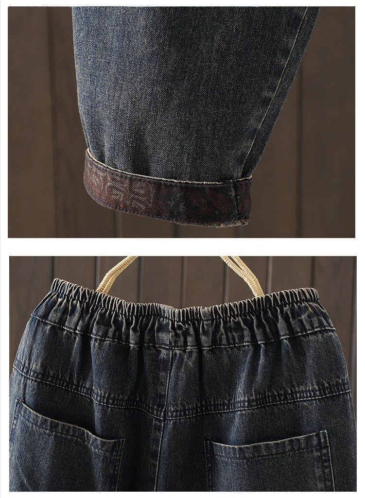 Retro Ethnic Print Patchwork Embroidered Denim Jeans Women Loose plus Size Embroidered Nine Points Harlan Pants Spring