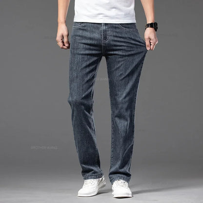 Spring Summer Thin Men's Classic Jeans Elastic Loose Straight Cotton Casual Denim Trousers Brand Clothing Business Male Pants