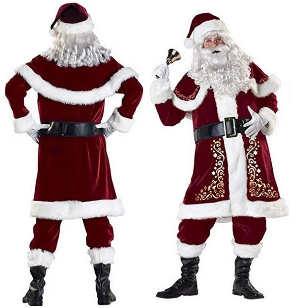 New Red Deluxe Velvet Fancy Dress Up Party Man Stage Costume Xmas Santa Claus Suit Adult Oversize Christmas Cosplay Costume