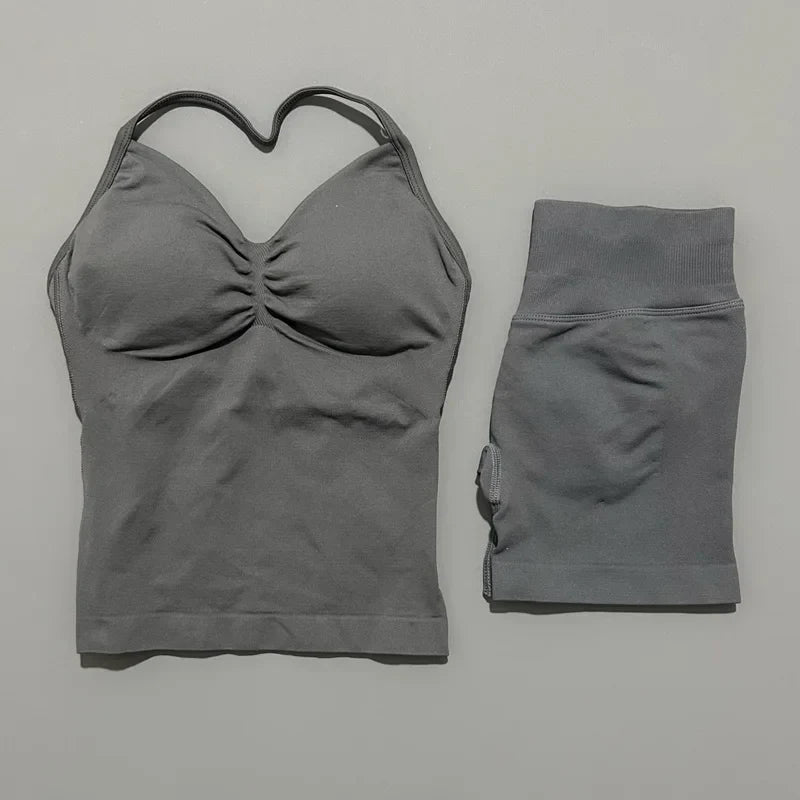 2 Piece Sports Set Women Seamless Yoga Tank With Removable Pads Top Scrunch Butt Workout Leggings Suit Gym Sports Sets