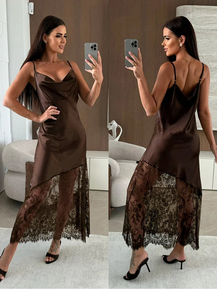 Trendix Hollow Out Lace Dress Women 2025 Winter Sexy V Neck Sleeveless Spaghetti Strap Dresses Party Club Elegant Evening Dress