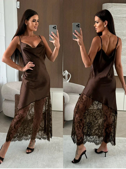 Trendix Hollow Out Lace Dress Women 2025 Winter Sexy V Neck Sleeveless Spaghetti Strap Dresses Party Club Elegant Evening Dress