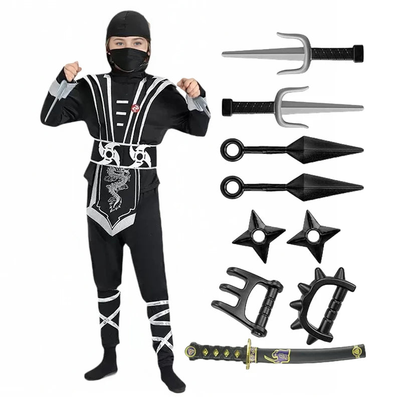 Boy  Ninja Costume Masked Warrior Outfit Cartoon Hero Halloween Party Performance Costume Includes Ninja Toy Knife Birthday Gift