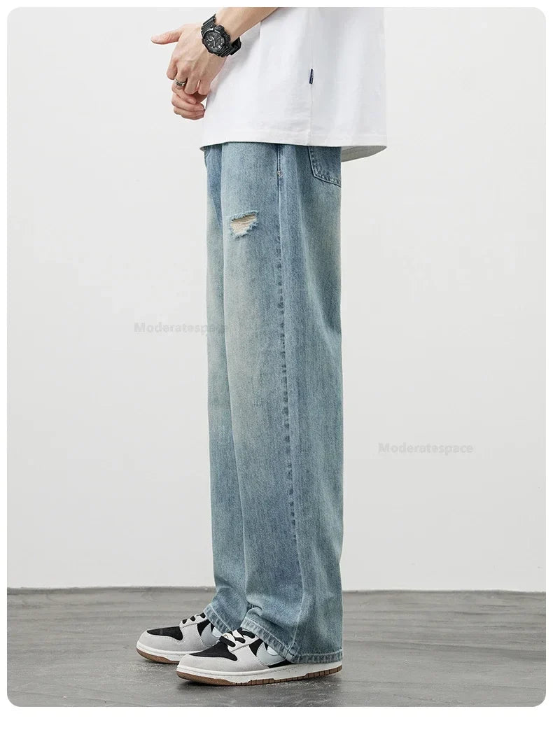 Korea Baggy Jeans Men's Vintage Straight Ripped Y2k Pants Fashion Frayed High Street Distressed Denim Trousers Male Clothes