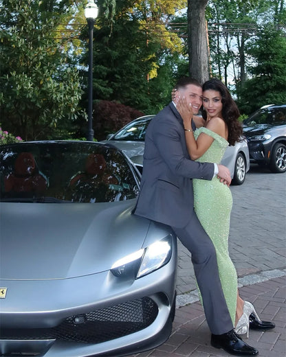 Green Off Shoulder Sequin Prom Dresses Mermaid Exquisite Customized جديد في الفساتين Sweep Train Evening Dress 2025