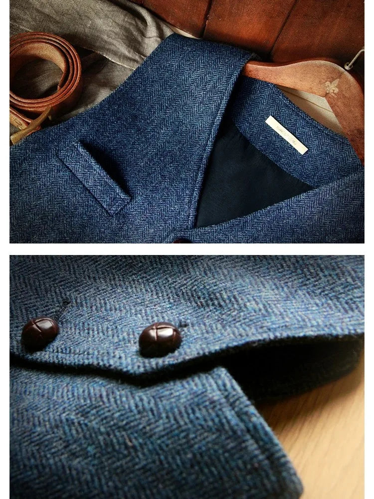 Mens Suit Vest Tweed Retro V Neck Wool Herringbone Waistcoat for Prom Single Breasted Males Dress Suit Vest Plus Size