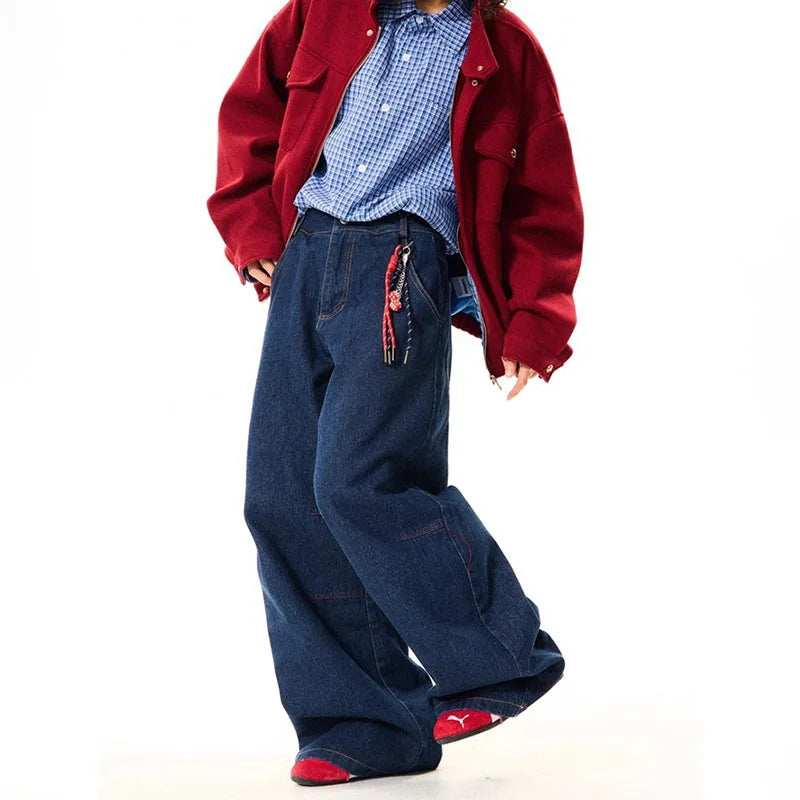 New Korean Retro Blue Straight Leg Jeans Casual Loose Wide Leg Pants Fashion Men's Wide Jeans High Quality Pants