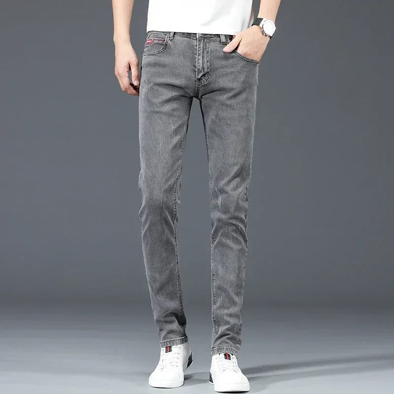 2025 New Men's Cotton Business Casual Skinny Jeans Trendy Fashionable Stretch Straight Slim Denim Trousers Male Blue Grey