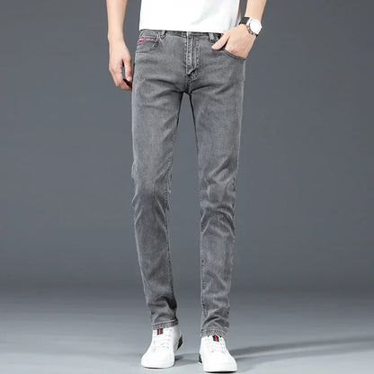 2025 New Men's Cotton Business Casual Skinny Jeans Trendy Fashionable Stretch Straight Slim Denim Trousers Male Blue Grey