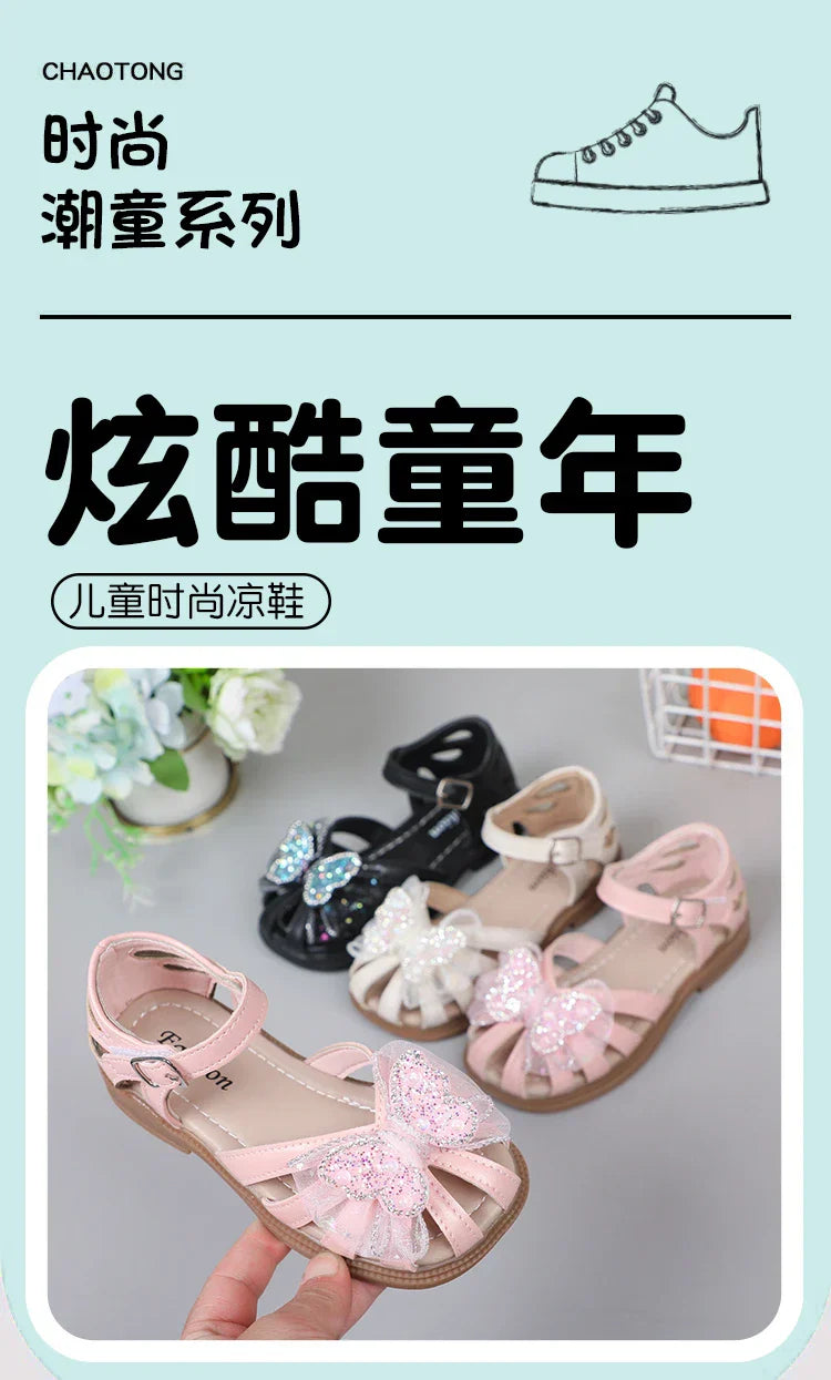 Shine Children Sandals for Girls Butterfly Cute Designer Kids Shoes Peep-toe Korean Style 2023 Summer New Soft Breatheable Chic