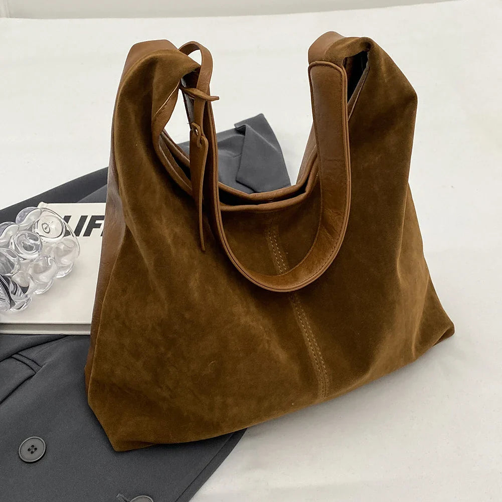Women Suede Tote Bag Magnetic Closure Shoulder Bag Slouchy Retro Handbag Large Capacity for Work Travel （Velvet+PU）