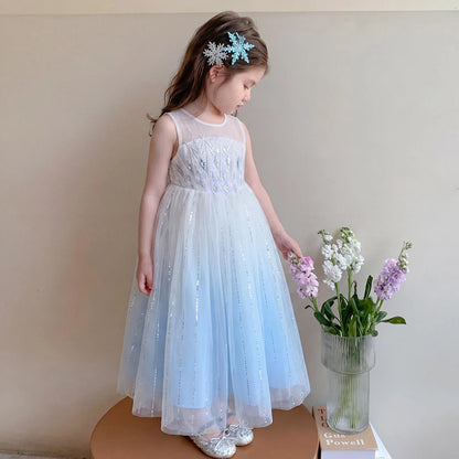 Elsa Princess Dress w/ Cape 2026 New Summer Frozen Cosplay Dresses for Little Girls Birthday Party Sleeveless Mesh Evening Dress