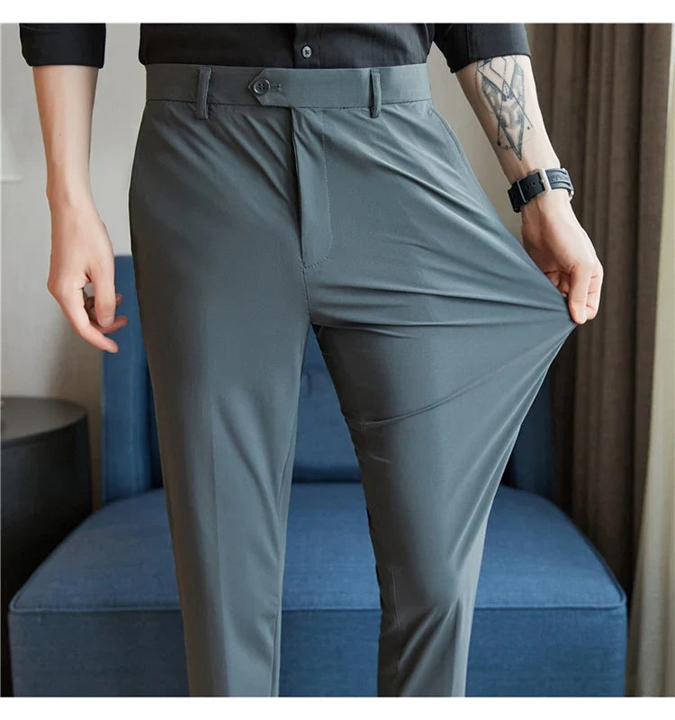 Mens Dress Pants Trousers 2025 Summer New Thin Breathable Solid Casual High Elastic Slim Fit Suit Pants Streetwear Men Clothing