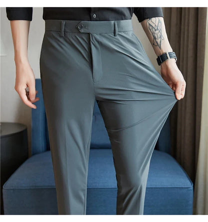 Mens Dress Pants Trousers 2025 Summer New Thin Breathable Solid Casual High Elastic Slim Fit Suit Pants Streetwear Men Clothing