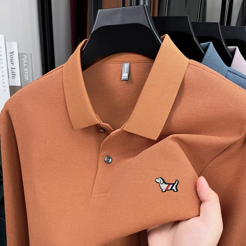 Fashion brand autumn new men's top casual warm 100% cotton long sleeved Polo shirt
