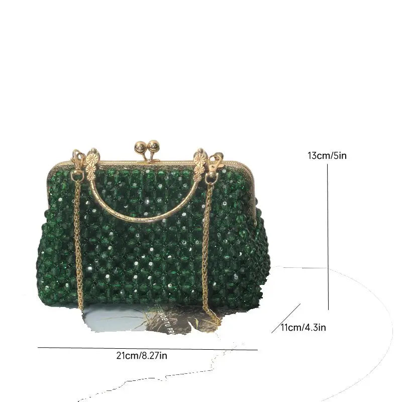 Emerald Green Handmade Beaded Clutch Bag | Vintage Gold Frame Evening Purse with Chain Strap for Party/Wedding/Cocktail