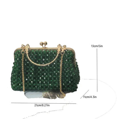 Emerald Green Handmade Beaded Clutch Bag | Vintage Gold Frame Evening Purse with Chain Strap for Party/Wedding/Cocktail