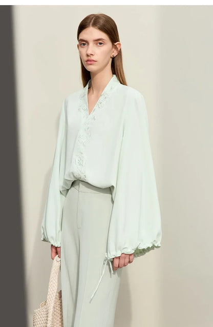 Chiffon Women's Blouse 2025 Autumn New V-neck Letter Embroidered Top Elegant Lantern Sleeve Loose Women's Shirt 12421028