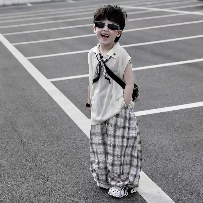 Mosquito Proof Knitted Pants Junior Boys' Summer Clothing Kids Clothes Korean Children Top Bottom Set Boy Boy's Children's Suit