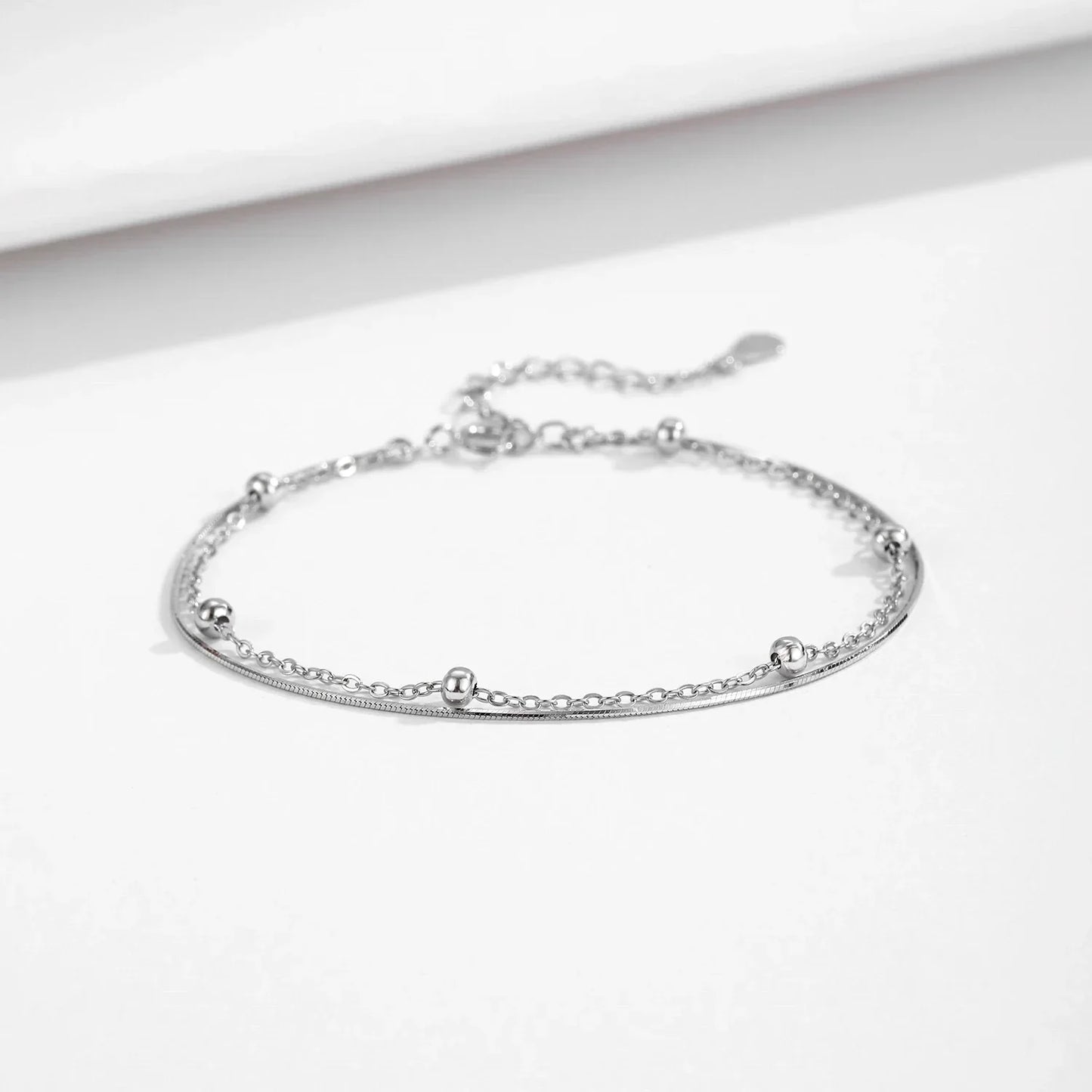 Double Layer Snake Chain Bracelet 925 Sterling Silver Simple Beads Link Chain Bracelet For Women Daily OL Fine Jewelry