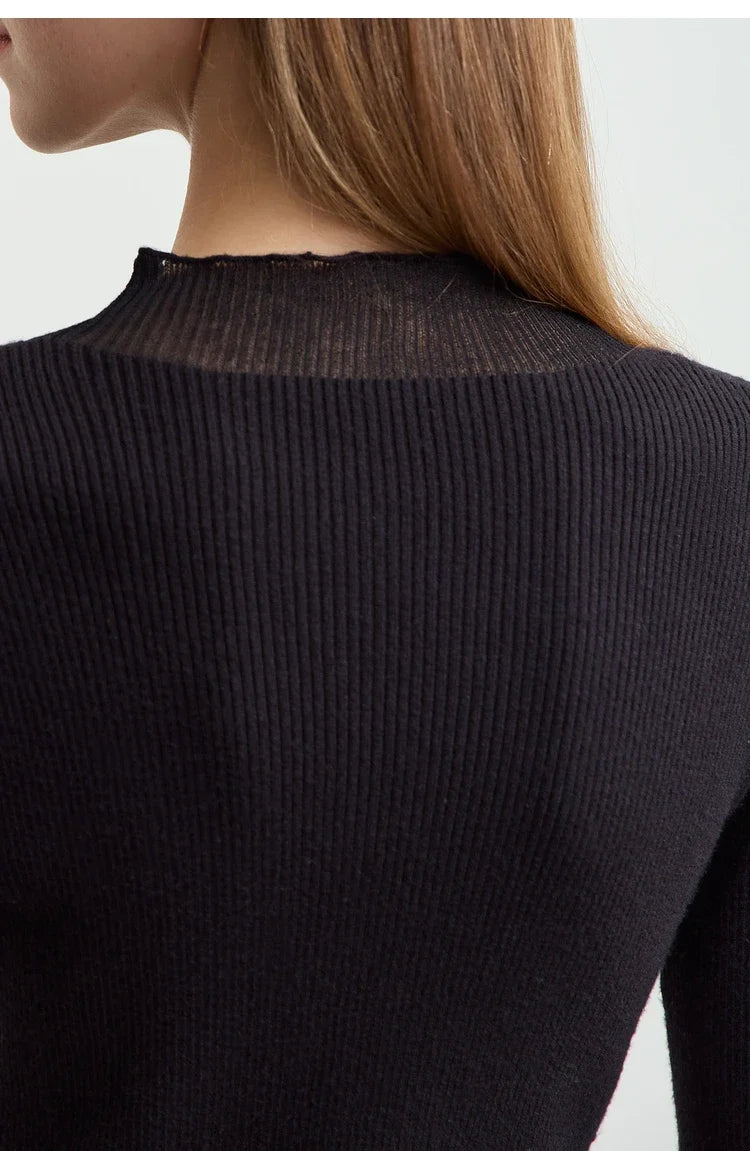 Minimalist Women's Turtleneck Slim Sweater 2025 Autumn Collection Sheer Panel Versatile Elegant Base Layer Top 12444241
