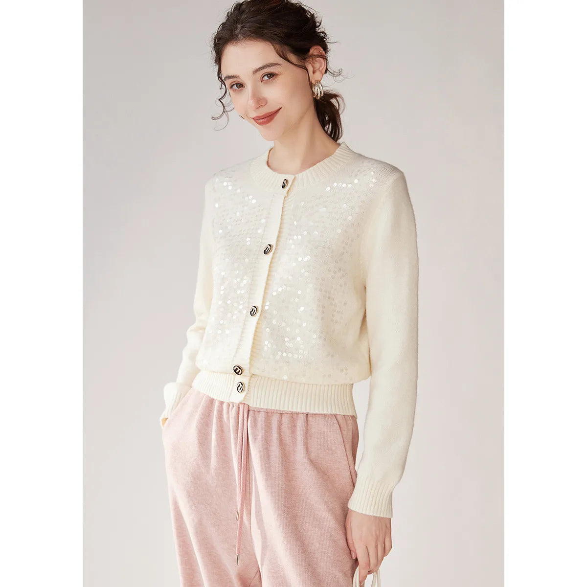 2025 Autumn/Winter Round Neck Sparkling Knitted Cardigan Micro Elastic Color Clash Button Long Sleeve Women's Sweater
